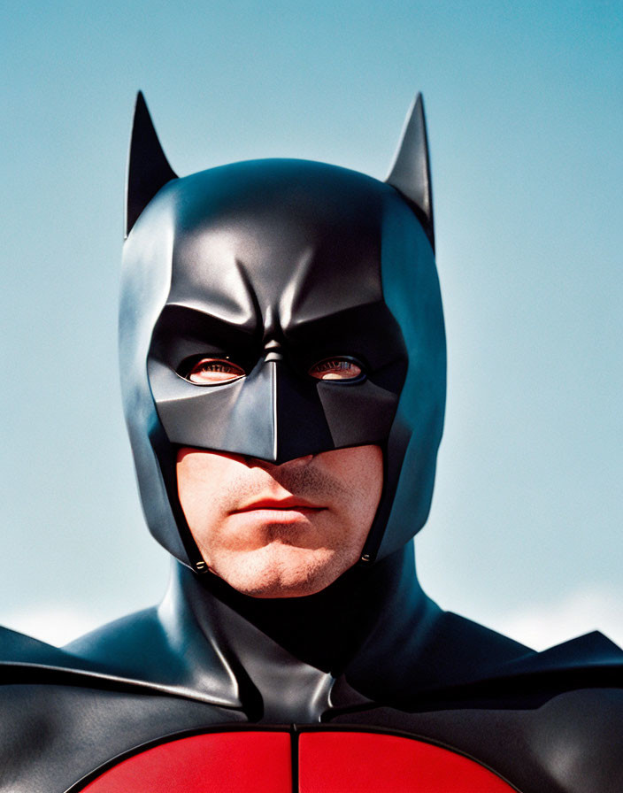 Person in Batman costume with black cowl and red emblem on chest against blue sky.