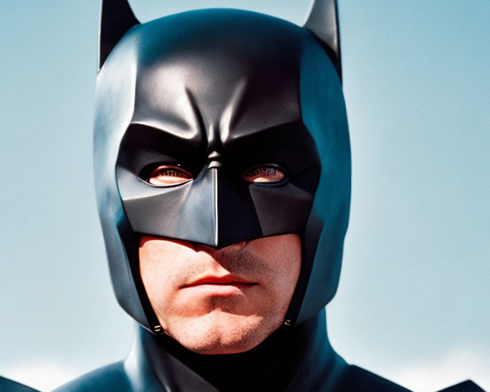 Person in Batman costume with black cowl and red emblem on chest against blue sky.