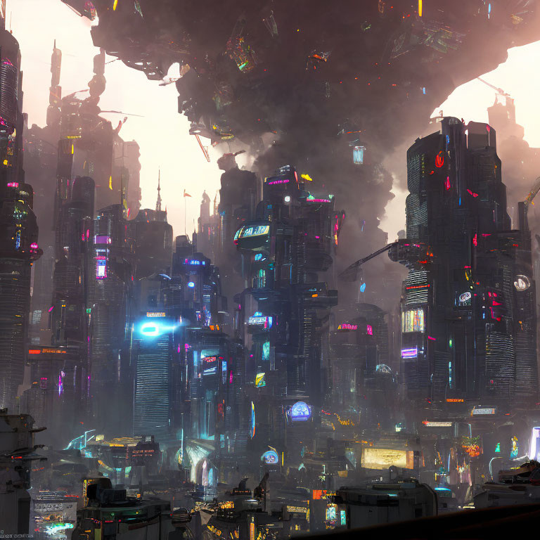 Futuristic cityscape with skyscrapers, neon signs, and looming structure at dusk