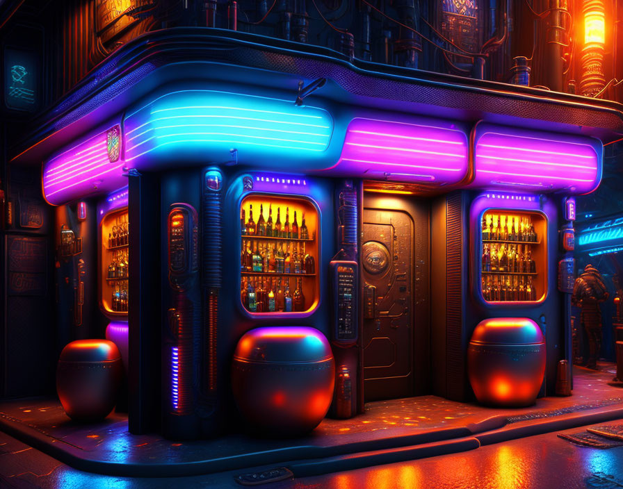 Neon-lit cyberpunk bar with futuristic decor in urban scene