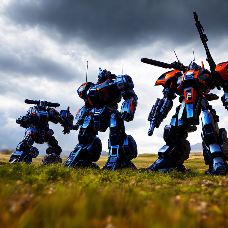 Three toy robots on grassy terrain under dramatic cloudy sky - sci-fi scene