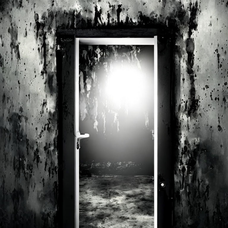 Eerie room with open door and blinding light, walls smeared in black grime