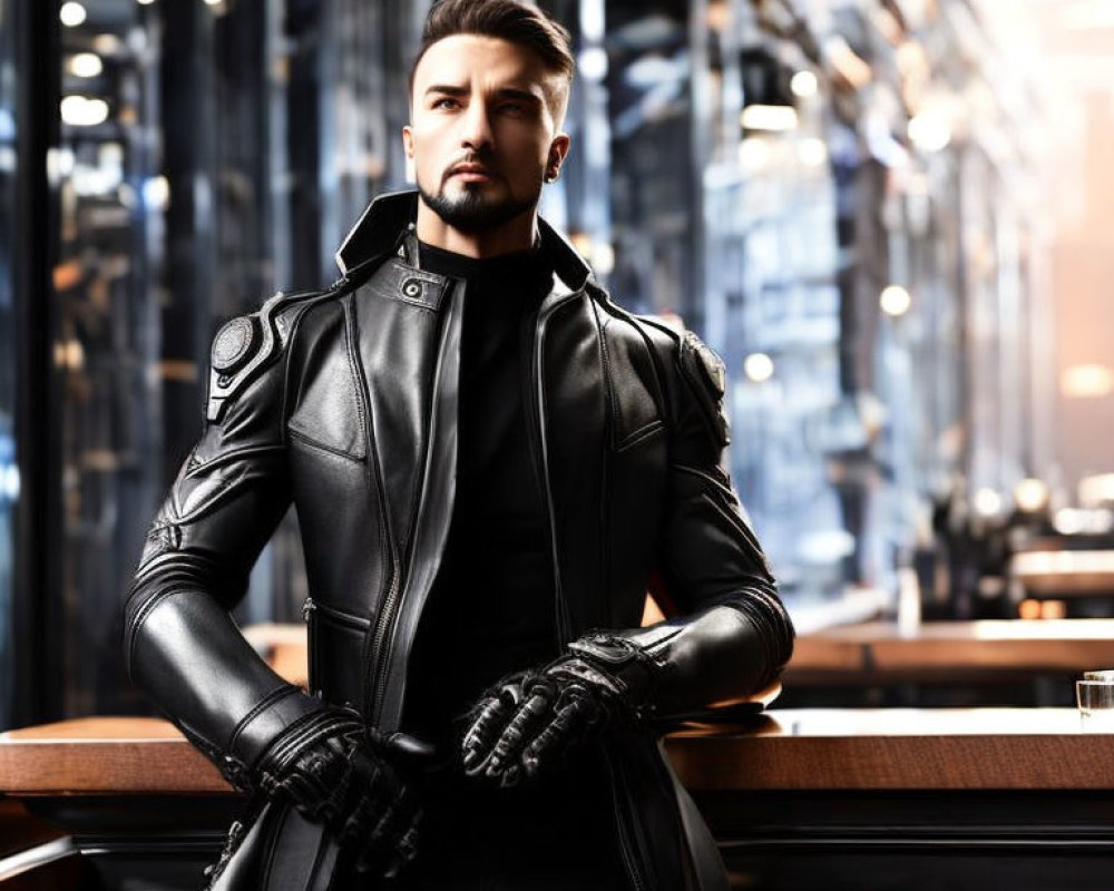 Stylish man in black leather jacket and gloves in modern hallway