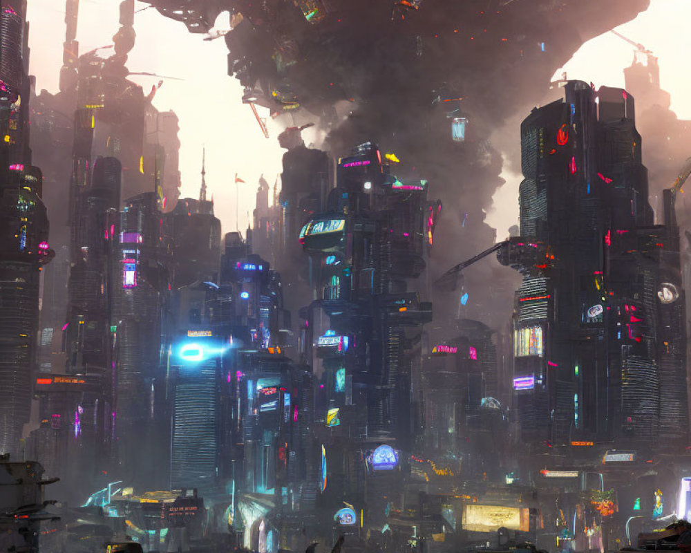 Futuristic cityscape with skyscrapers, neon signs, and looming structure at dusk