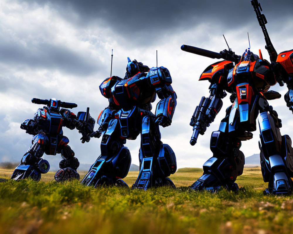 Three toy robots on grassy terrain under dramatic cloudy sky - sci-fi scene