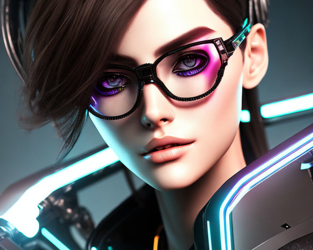 Digital artwork: Woman with brown hair, purple-lit glasses, headphones, & neon-lit armor