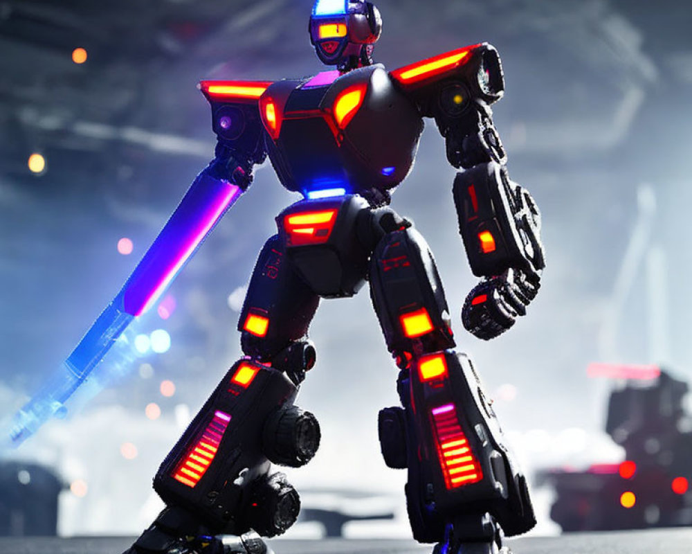 Futuristic robot with red accents and blue glowing sword in dramatic setting