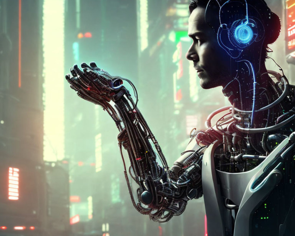 Cyborg with human features and mechanical arm in futuristic cityscape