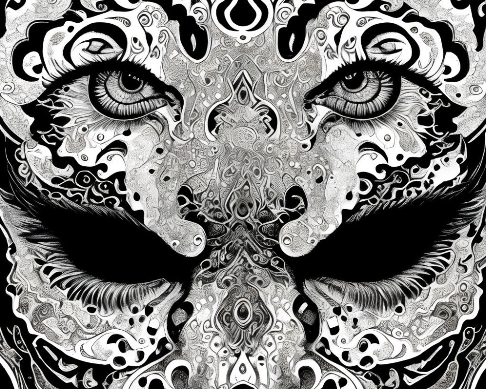 Intricate Black and White Abstract Face with Detailed Eyes and Ornate Decorative Elements