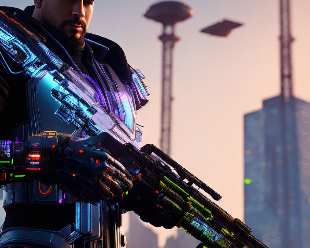 Futuristic soldier with glowing cybernetic arm in sci-fi cityscape at dusk