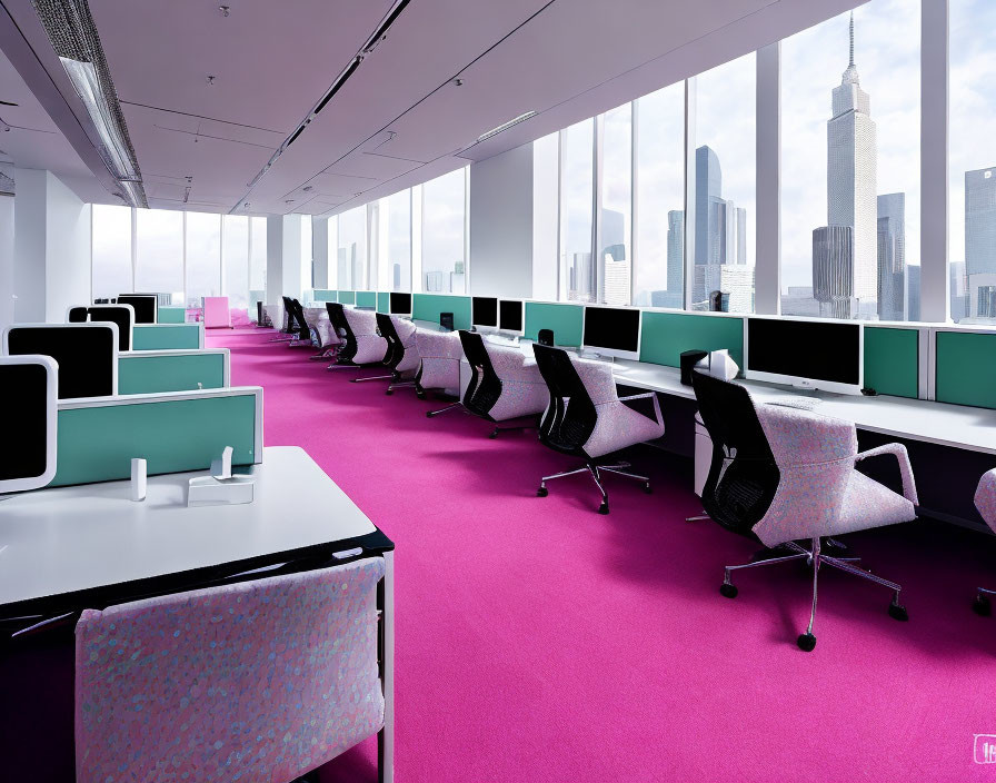 Empty workstations in modern office with ergonomic chairs & city skyline view