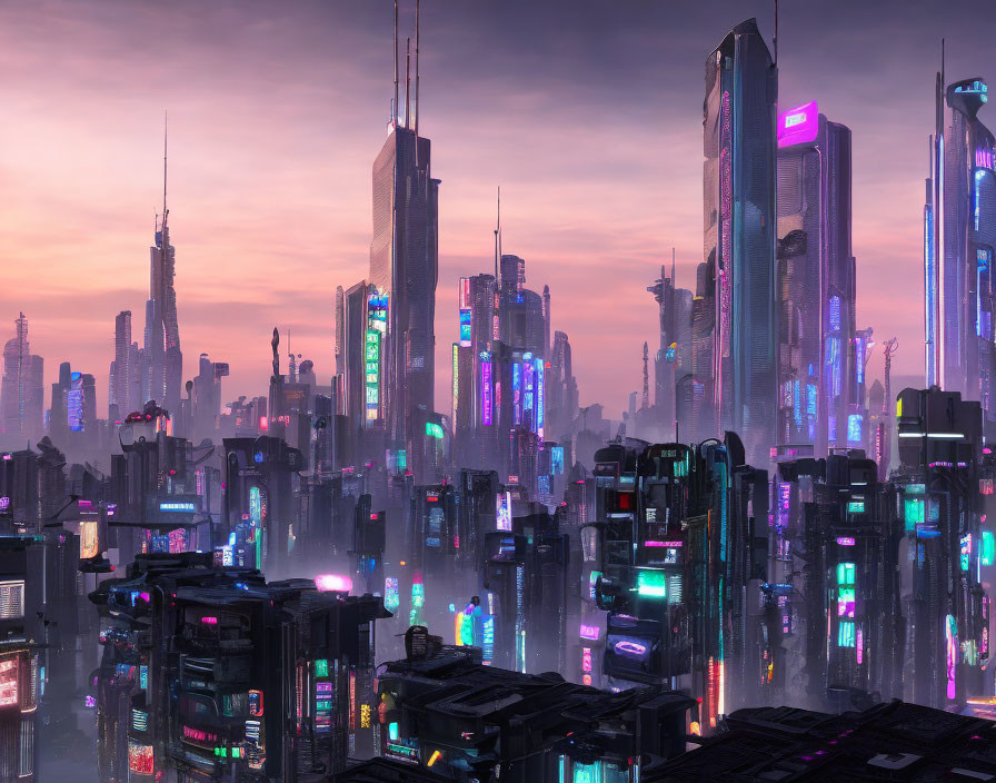 Futuristic cityscape with neon-lit skyscrapers at dusk