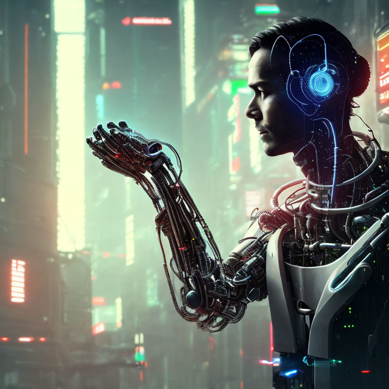 Cyborg with human features and mechanical arm in futuristic cityscape