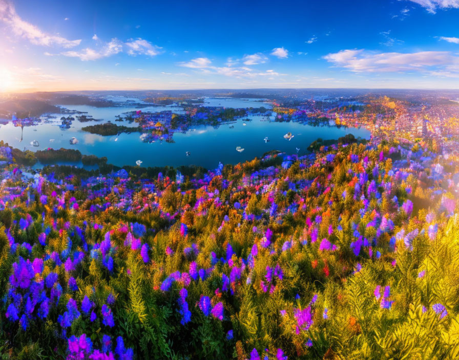 Panoramic view of vibrant landscape with purple flowers, lake, boats, lush greenery, colorful