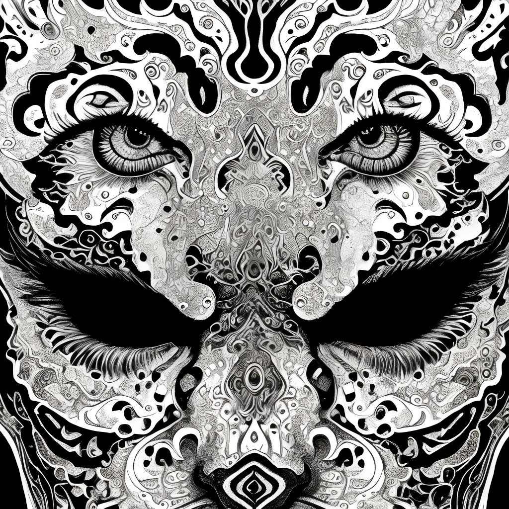 Intricate Black and White Abstract Face with Detailed Eyes and Ornate Decorative Elements