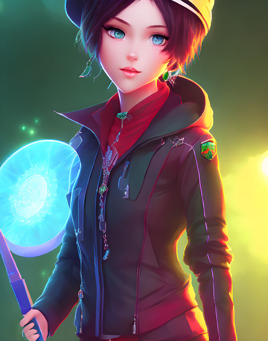 Blue-eyed character in cap and jacket wields magical staff on neon green backdrop