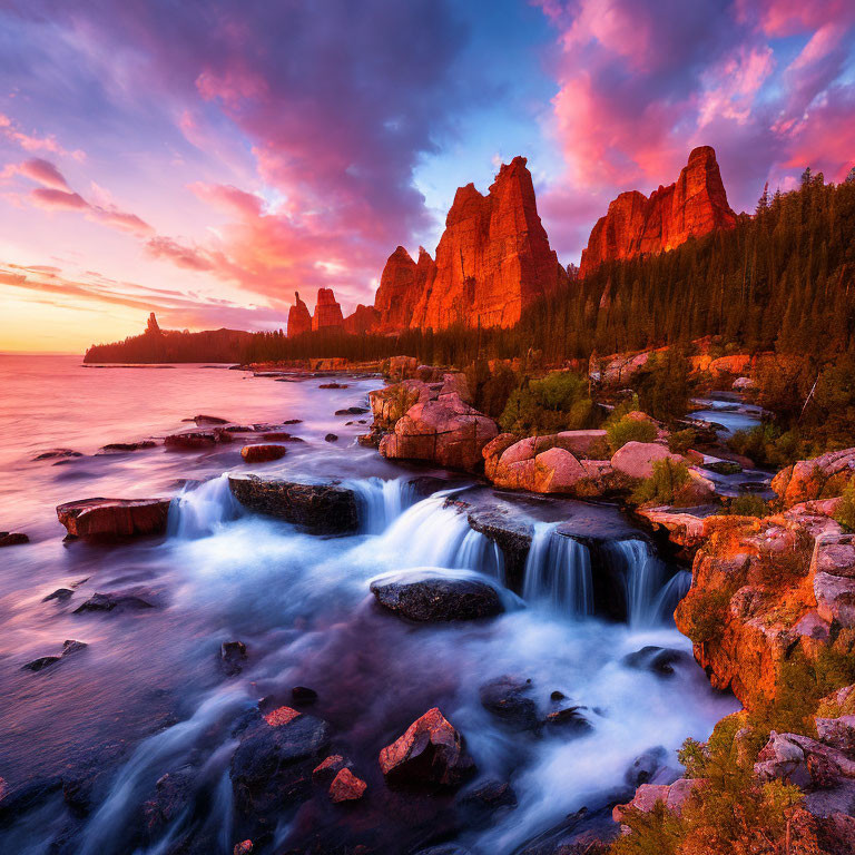 Scenic sunrise over rugged coastline with unique rock formations