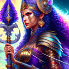 Fantasy woman with blue skin in gold and blue armor wielding staff