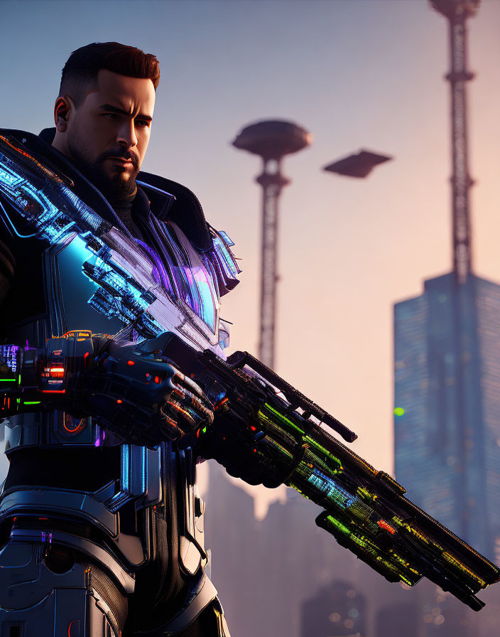 Futuristic soldier with glowing cybernetic arm in sci-fi cityscape at dusk