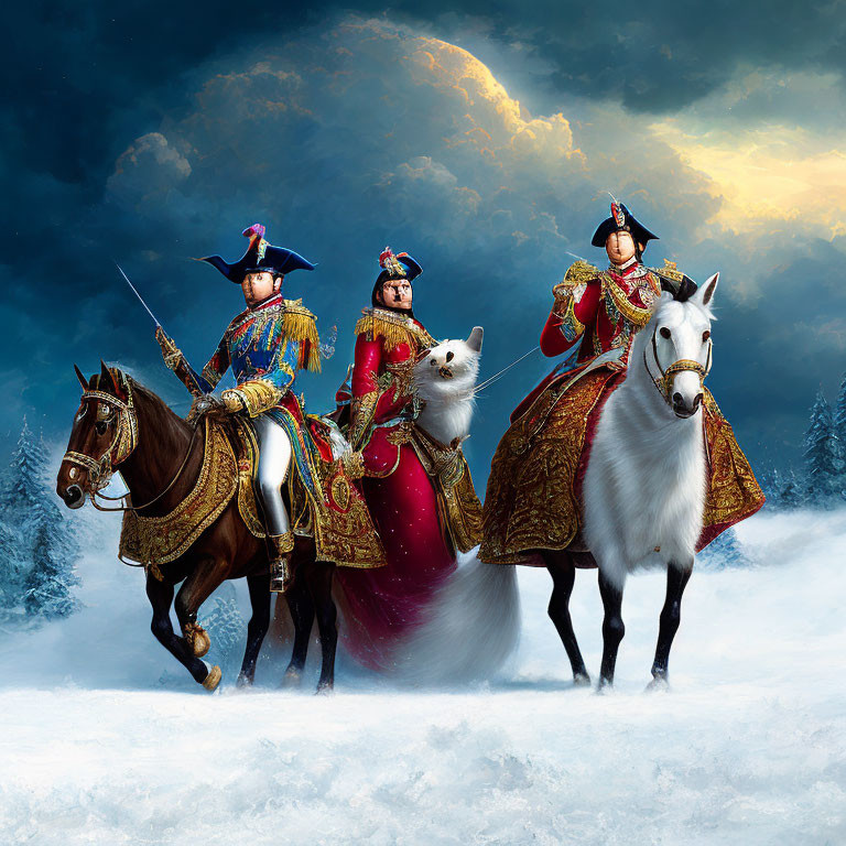 Three individuals in historical military uniforms on horseback with giant cat in dramatic sky.