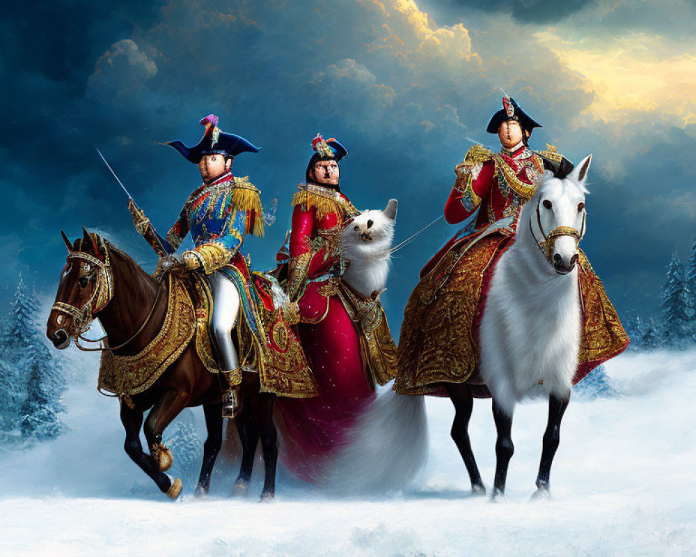 Three individuals in historical military uniforms on horseback with giant cat in dramatic sky.