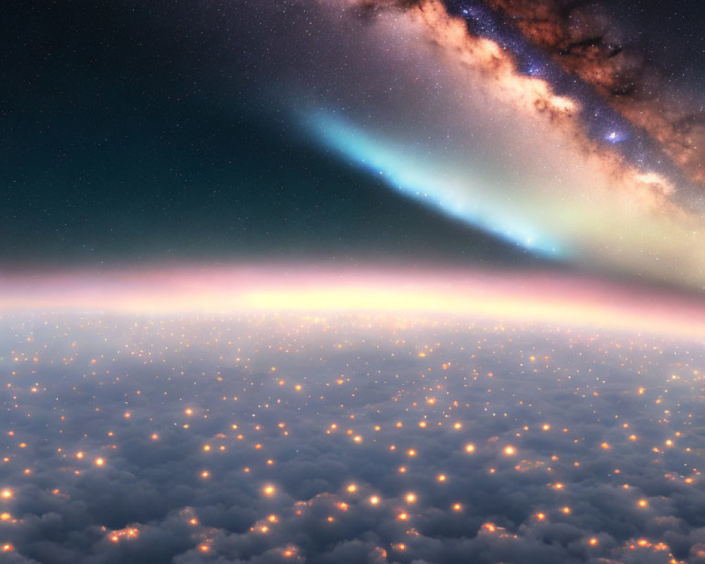 Starry sky and Milky Way above illuminated cloud deck