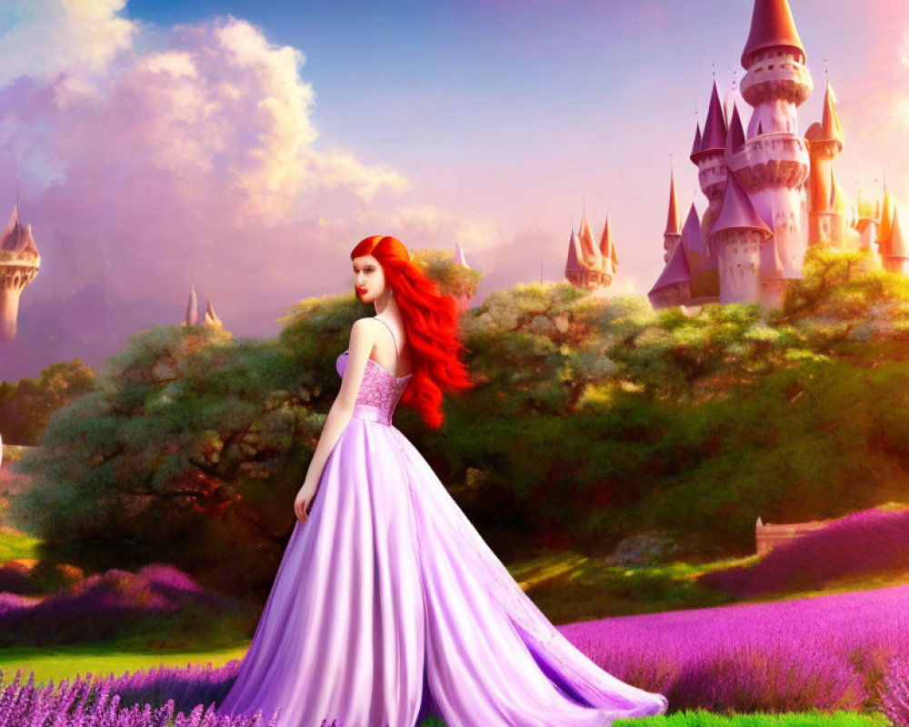 Red-haired woman in purple dress at lavender castle under sunset sky