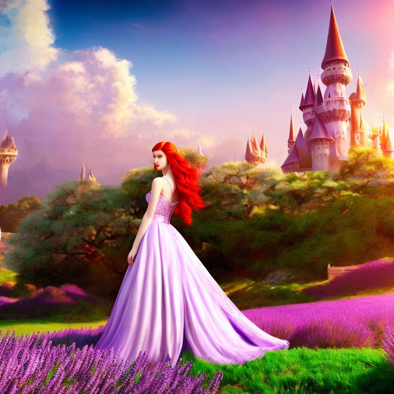 Red-haired woman in purple dress at lavender castle under sunset sky