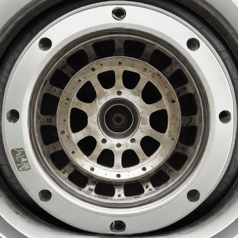 Dirty car wheel with silver rim and black tire in close-up view