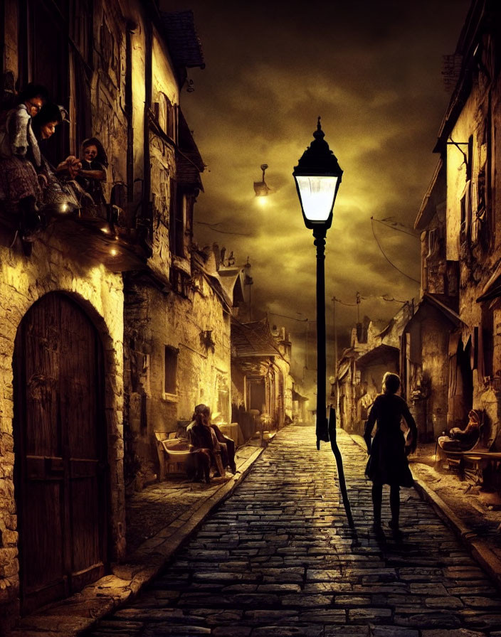 Child in dimly lit cobblestone street at dusk with old buildings and glowing street lamp