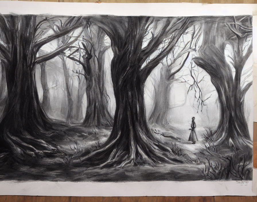 Monochromatic drawing of mysterious forest with twisted trees and lone figure