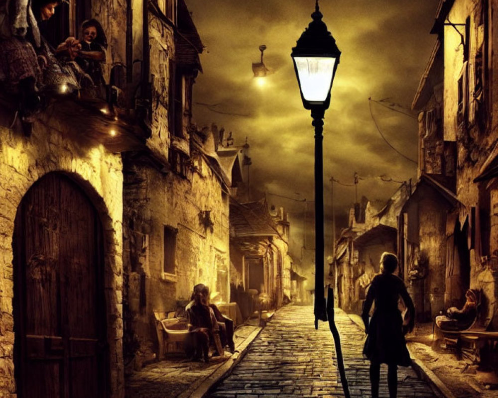 Child in dimly lit cobblestone street at dusk with old buildings and glowing street lamp