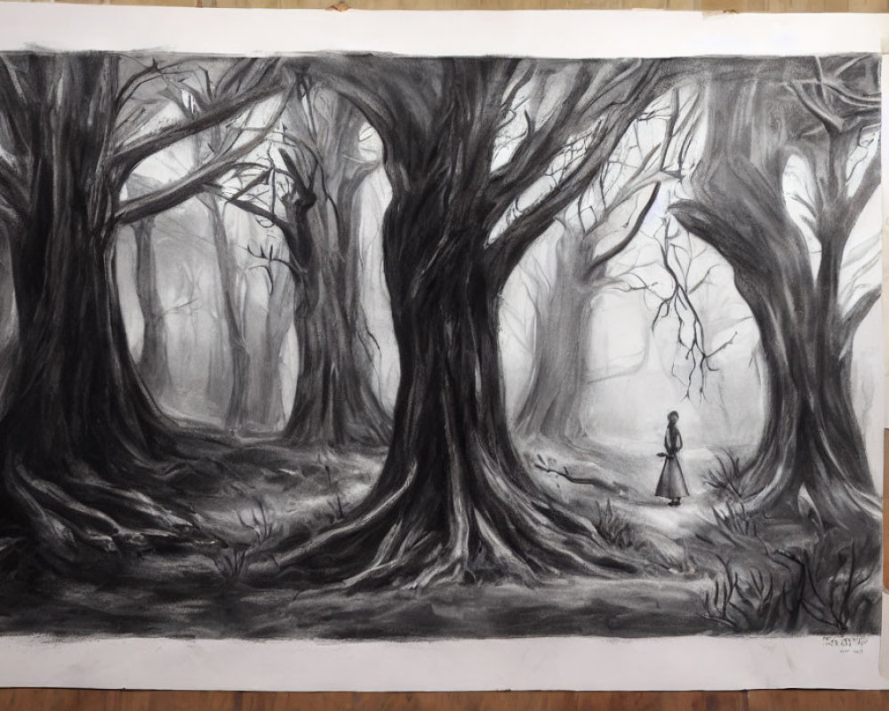 Monochromatic drawing of mysterious forest with twisted trees and lone figure