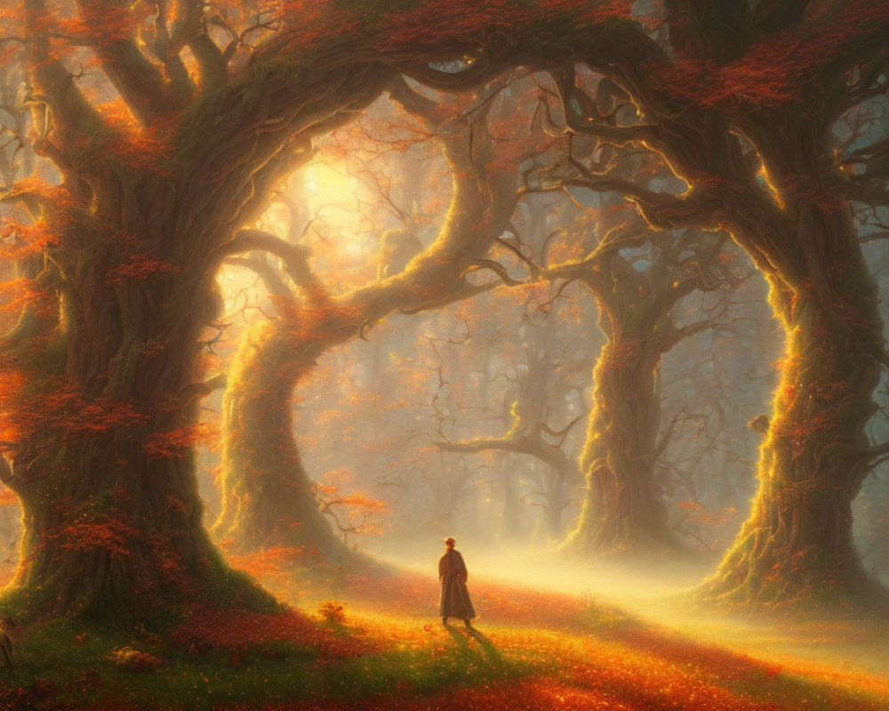 Person in mystical forest with ancient trees and golden light