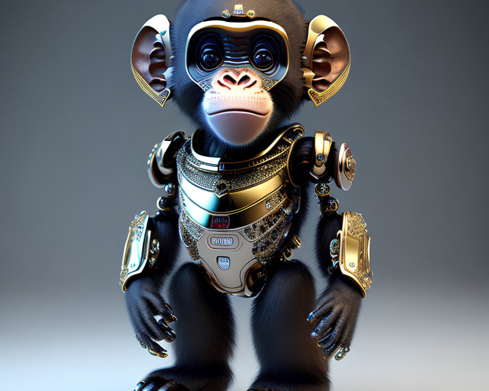 Detailed digital artwork: robotic chimpanzee with mechanical body and expressive eyes on grey background