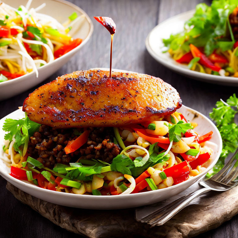 Grilled Chicken Breast and Noodles with Minced Meat and Fresh Vegetables