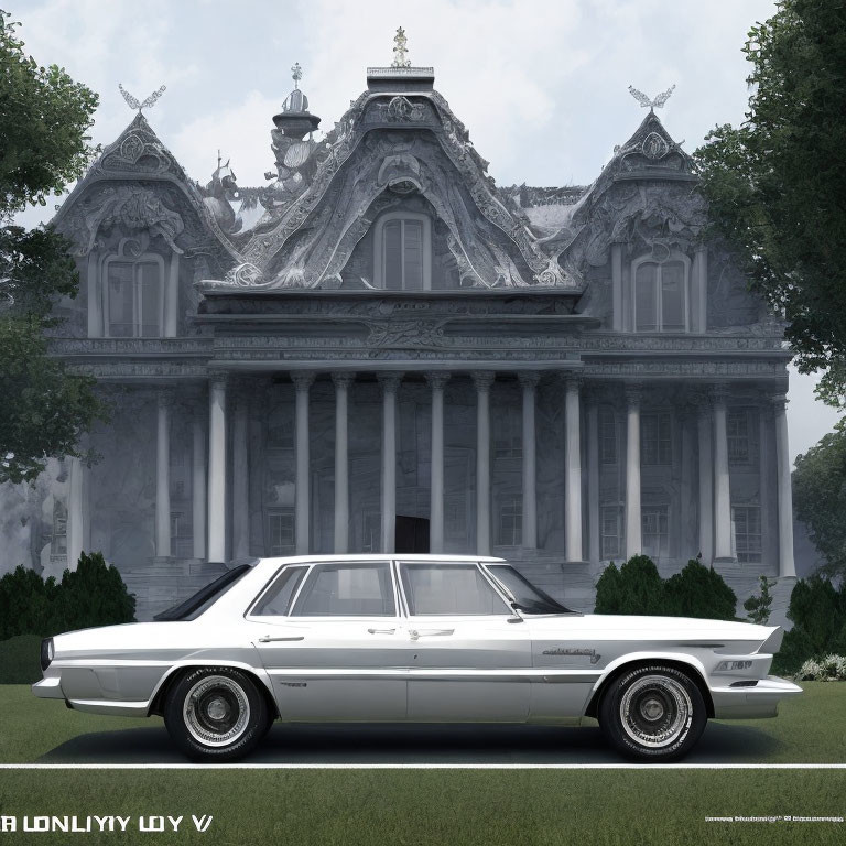 Classic Car Parked in Front of Ornate Classical Building with Sculptures