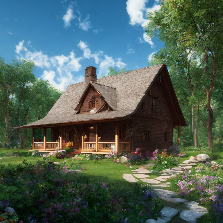 Wooden cabin with large porch in lush forest clearing surrounded by wildflowers & stone pathway
