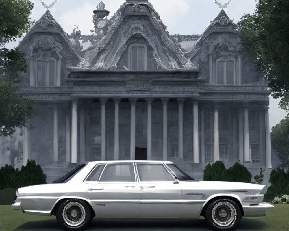 Classic Car Parked in Front of Ornate Classical Building with Sculptures