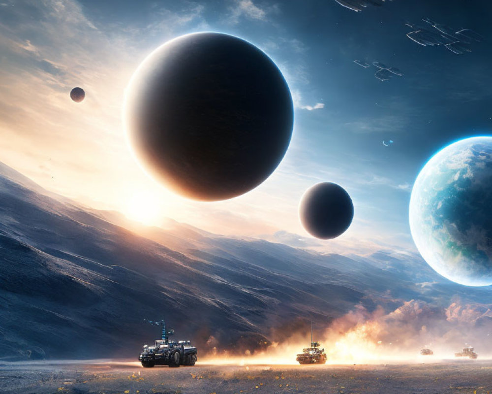 Futuristic convoy in barren landscape with multiple celestial bodies and distant planet.