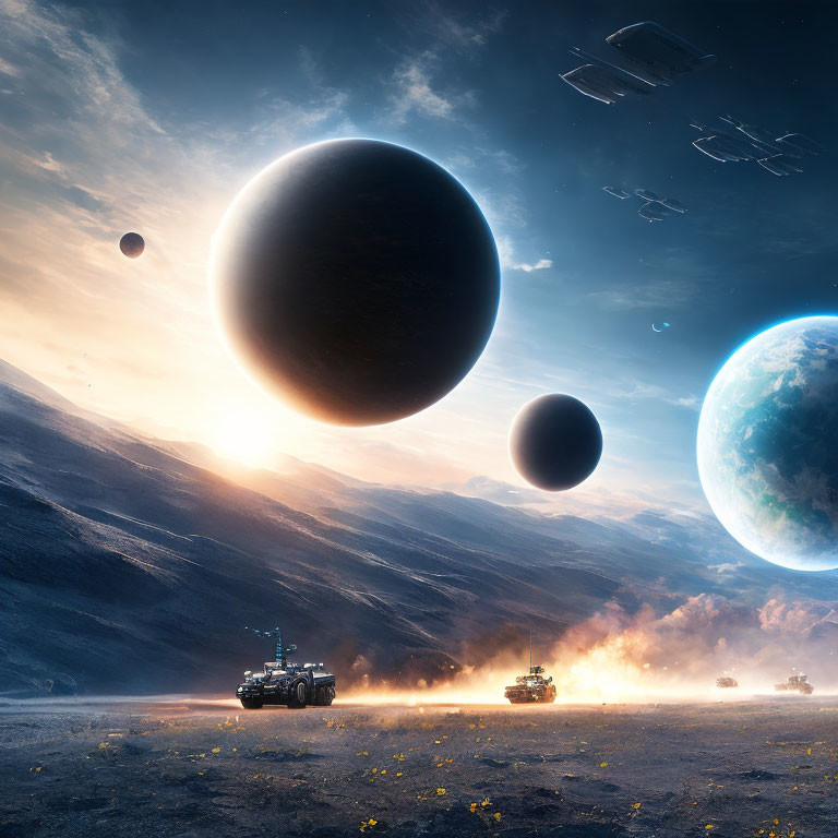 Futuristic convoy in barren landscape with multiple celestial bodies and distant planet.