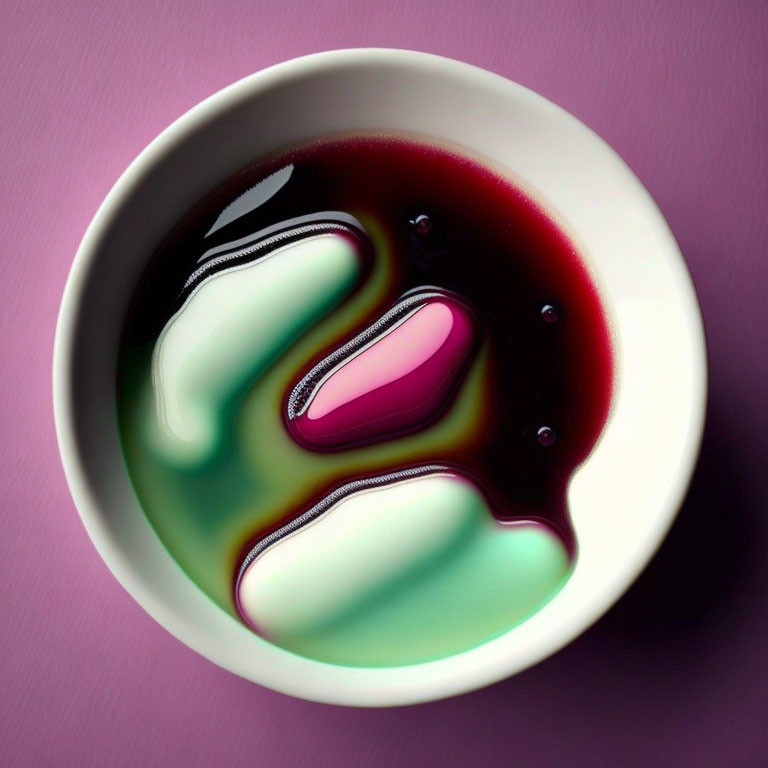 Abstract White Bowl with Purple, Black, and Green Swirls on Purple Background