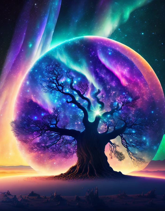 Solitary tree against vibrant cosmic backdrop with swirling auroras