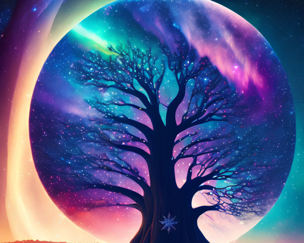 Majestic tree under colorful cosmic sky with planet and auroras