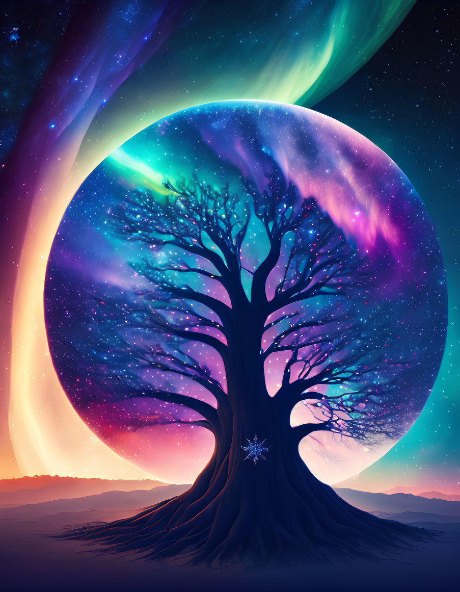 Majestic tree under colorful cosmic sky with planet and auroras