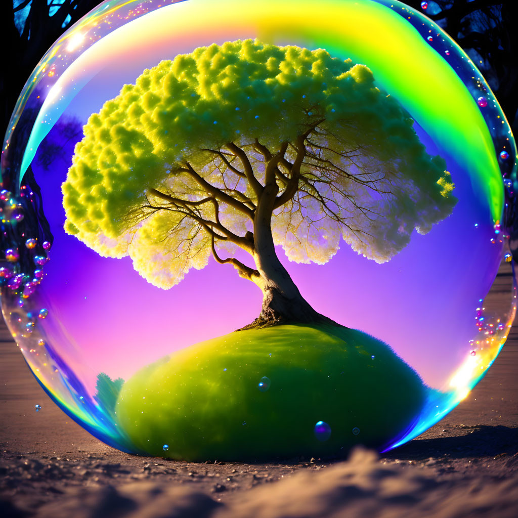 Colorful Bubble Surrounds Vibrant Tree in Dark Background