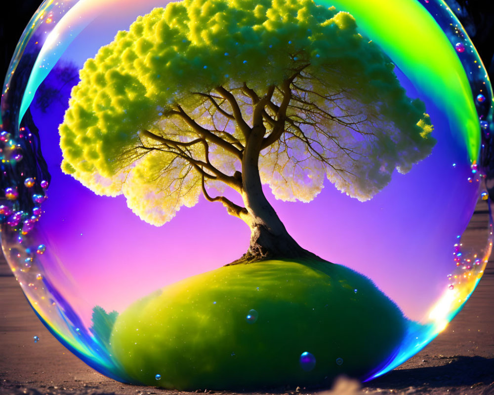 Colorful Bubble Surrounds Vibrant Tree in Dark Background