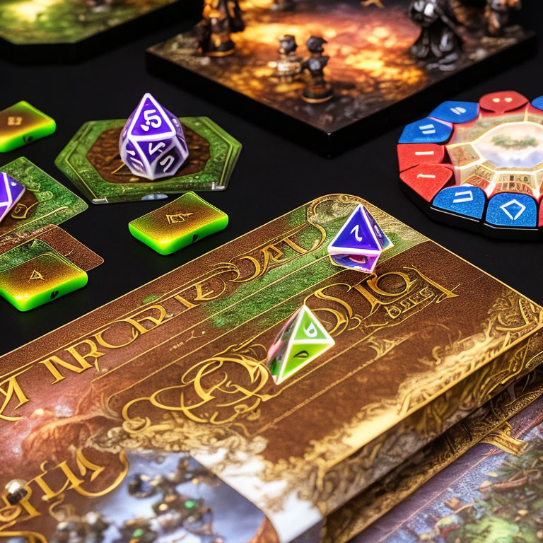 Colorful Cards, Dice, Tokens & Miniatures for Fantasy Tabletop Game