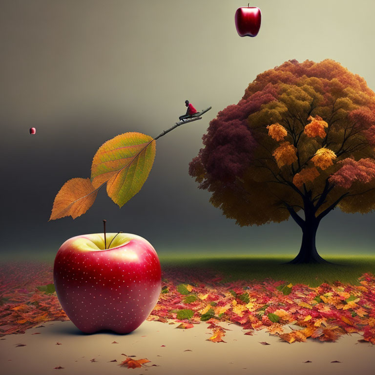 Large red apple with figure on twig in autumn scene.