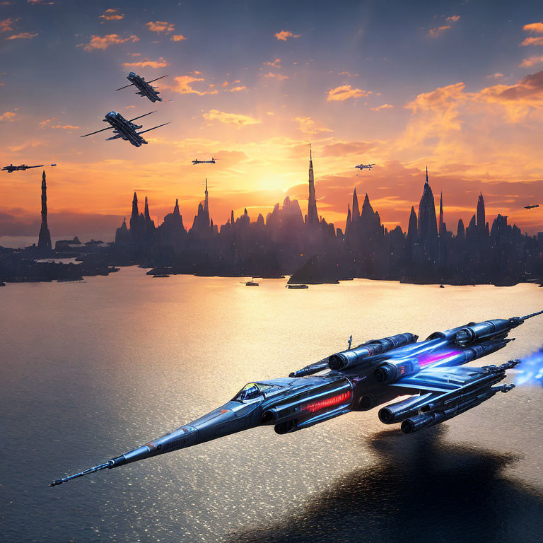 Futuristic cityscape with flying spaceships and towering spires at sunset